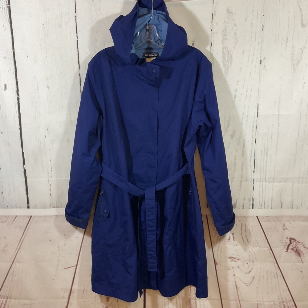Patagonia Women XL Arborist Trench Coat Blue Hooded Belted Rain Jacket‎ Gorpcore